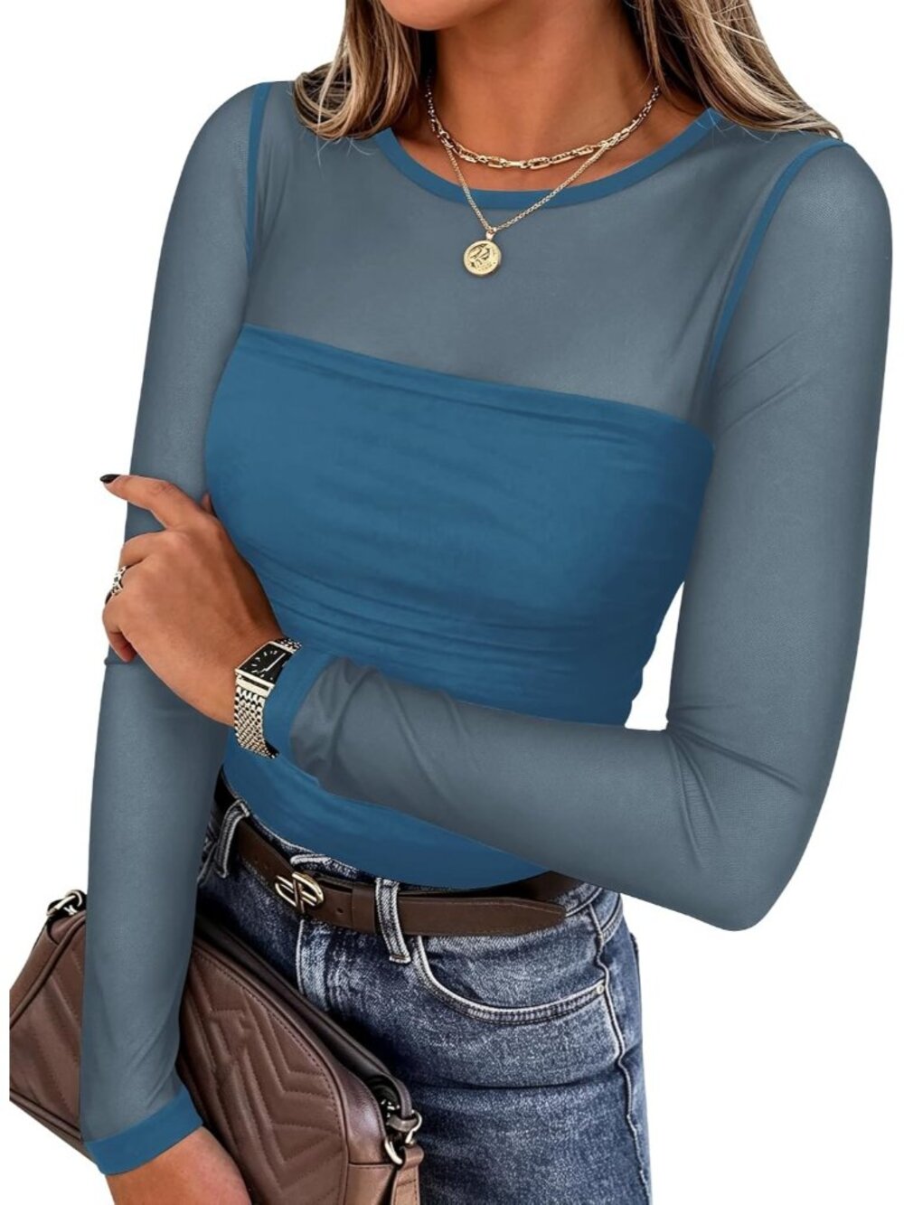 Women's Blue Sheer Mesh Round Neck Long Sleeve Plain Hem Slim Dressy Blouse Top